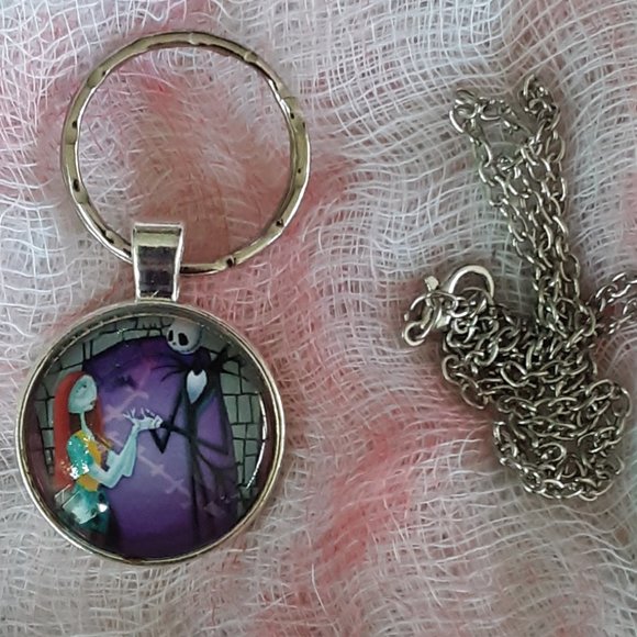 Jack Skellington & Sally Cabochon Key Ring With Necklace Chain Tim Burton - Picture 2 of 8